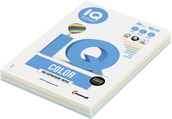 Бумага IQ color, А4, 160 г/м2, 100 л. (5 цв. x 20 л.), цветная пастель, RB01