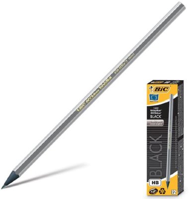 Карандаш чернографитный BIC, 1 шт., "Evolution Black", HB, без резинки, пластиковый, корпус серебристый, заточенный