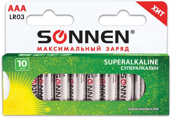 Батарейки SONNEN Super Alkaline, AAA (LR03, 24А), алкалиновые, 10 шт., в коробке