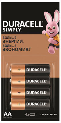 Батарейки КОМПЛЕКТ 4 шт. (отрывной блок), DURACELL Simply, AA (LR06, 15А), алкалиновые, пальчиковые, 5009139