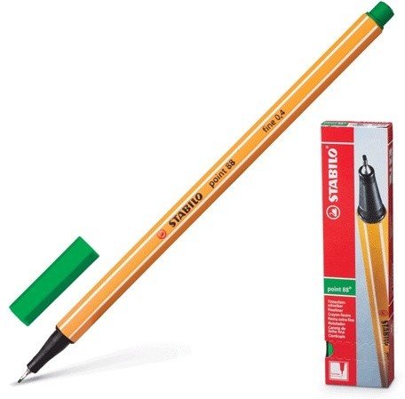 Ручка капиллярная STABILO "Point", ЗЕЛЕНАЯ, корпус оранжевый, линия письма 0,4 мм