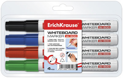 Набор маркеров для белых досок Erich Krause "W-500" 4цв., пулевидный, 2,2мм, чехол с европодвесом***K987456