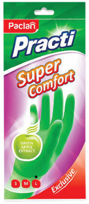Перчатки хозяйственные резиновые, хлопчатобумажное напыление, аромат яблока, размер L, зеленые, "Super Comfort", PACLAN, 407155