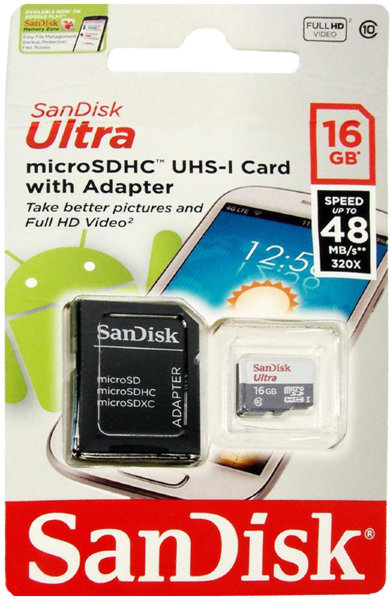 Карта памяти SanDisk MicroSDHC Ultra 16GB, Class 10, скорость чтения 80Мб/сек (с адаптером SD)