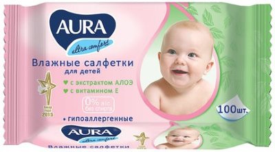 Салфетки влажные КОМПЛЕКТ 100 шт., для детей AURA "Ultra comfort", универсальные, очищающие, гипоаллергенные, без спирта