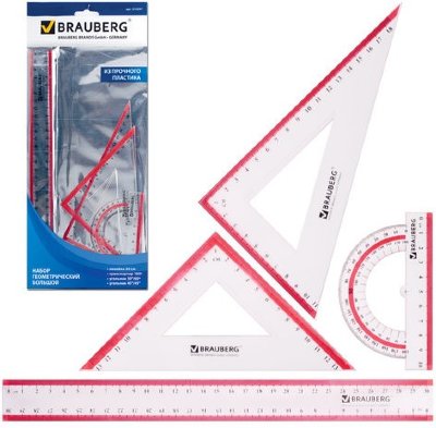 Набор чертежный большой BRAUBERG "Crystal" (линейка 30 см, 2 угольника, транспортир), выделенная шкала, 210297