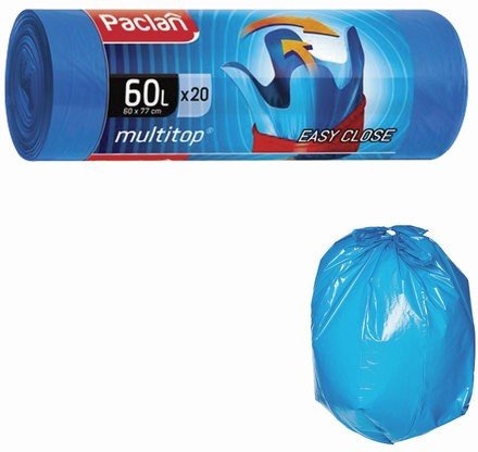 Мешки для мусора 60 л, с ушками, синие, в рулоне 20 шт., ПНД, 14 мкм, 60х77 см, PACLAN "Multitop"