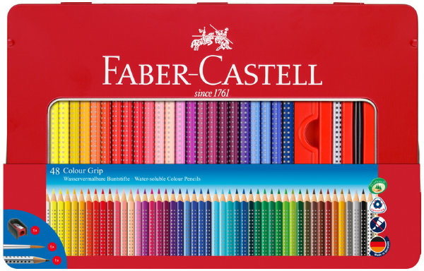 Карандаши цветные Faber-Castell "Grip", 48цв.+3, трехгран., заточен., метал. уп., с кистью, точилкой