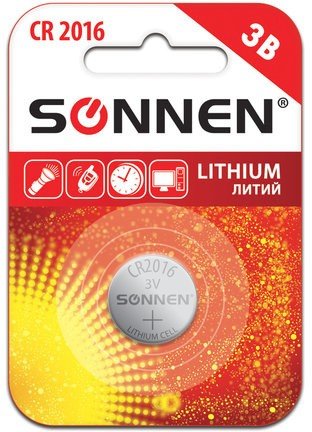 Батарейка SONNEN Lithium, CR2016, литиевая, 1 шт., в блистере, 451972