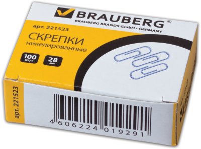 Скрепки BRAUBERG, 28 мм, никелированные, 100 шт., в картонной коробке
