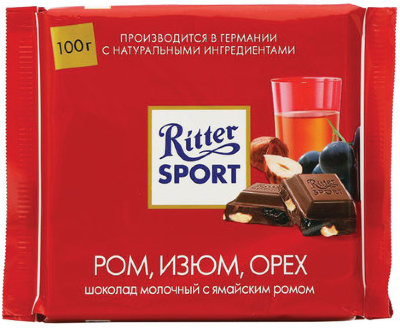 Шоколад RITTER SPORT "Ром, изюм, орех", молочный, 100 г, Германия, RU126